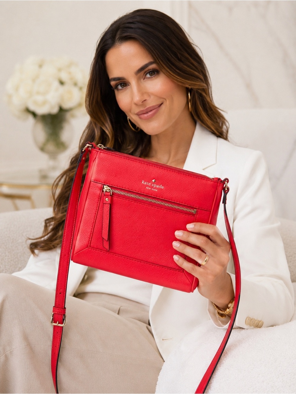 Kate Spade Crossbody Bag Women Coral Pebbled Leather Adjustable Strap